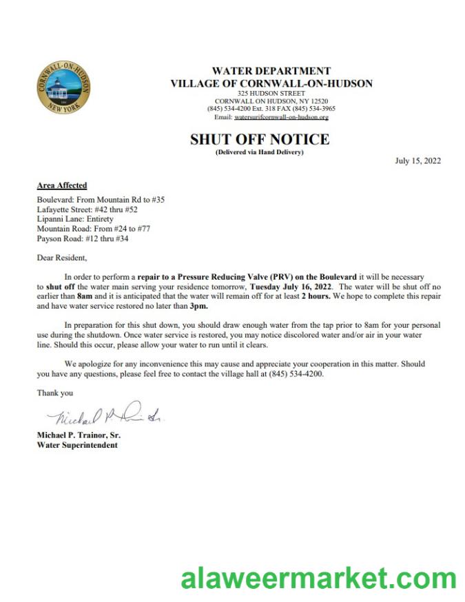 USA New York Cornwall-on-Hudson water utility bill shutoff notice, Word and PDF template